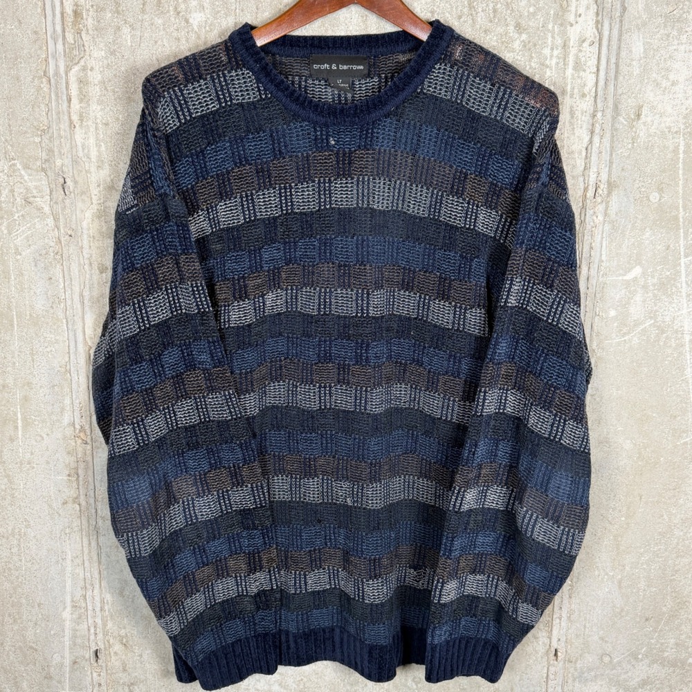 Croft & Barrow Mens LT Blue Textured Geometric Knit Crewneck Sweater Vintage